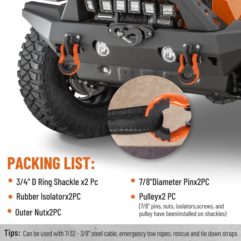 Pilida 2Pcs 3/4" D Ring Shackles with Upgraded Snatch Blocks,57,000 lbsMaximum Break Strength Heavy Duty Shackles with 7/8" Screw Pin for Road Vehicle Recovery Tow Strap Winch,Orange - Image 3